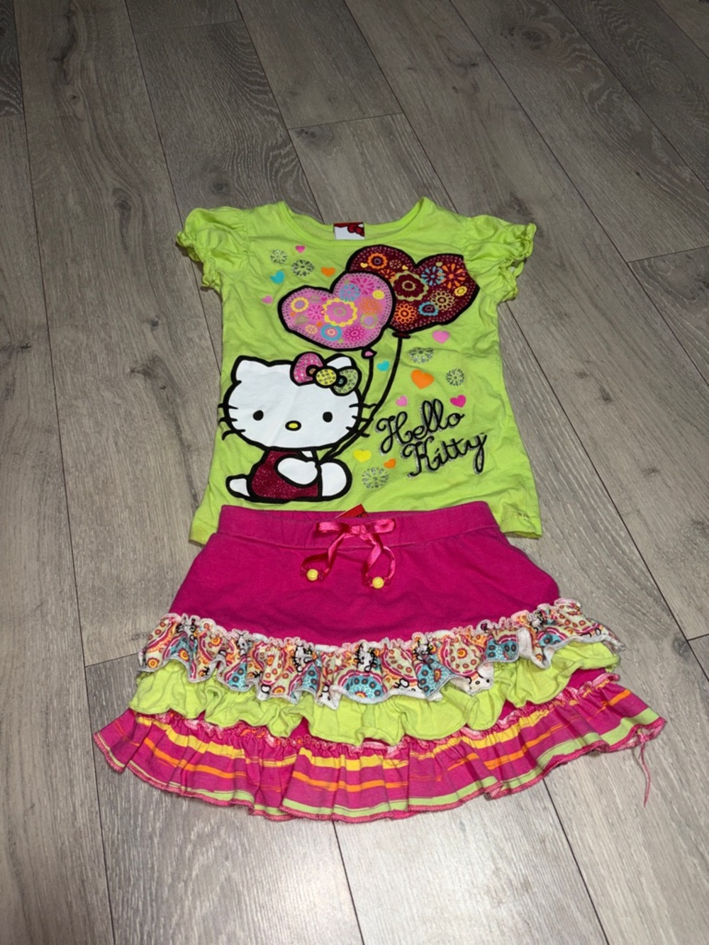 Y2K Hello Kitty Bright Lime Green Top with Hot Pink Ruffle Skirt